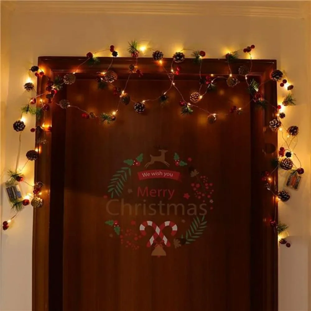 Christmas Decoration Pine Cone Red Berry Garland Lights Battery Powered